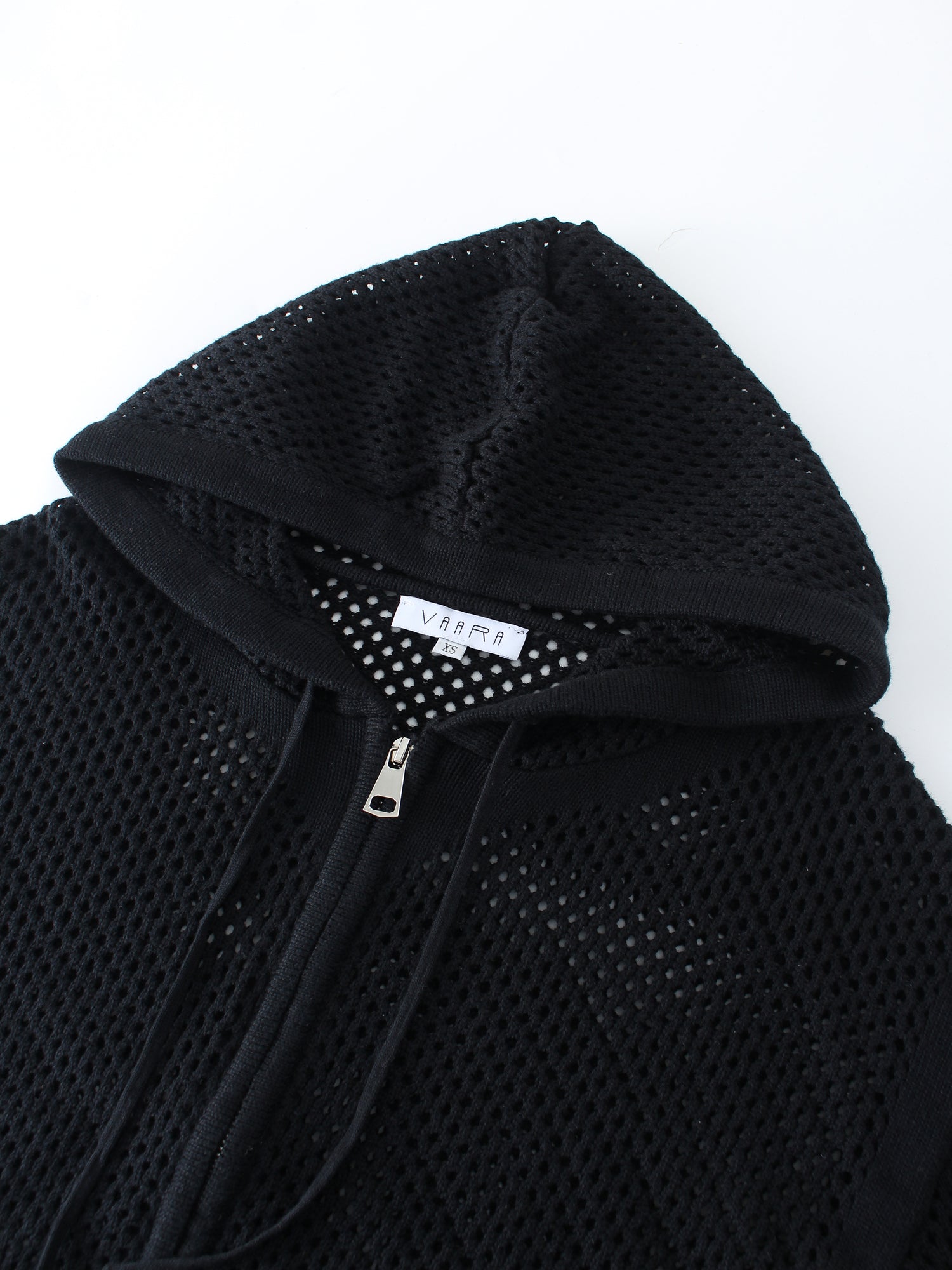 Sudadera con capucha de crochet con cremallera-Negro