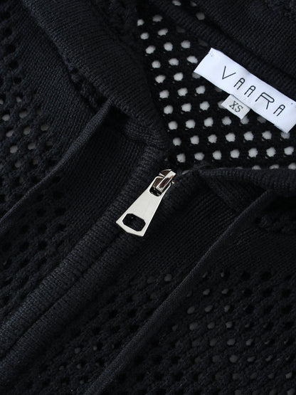 Zip Up Crochet Hoodie-Black