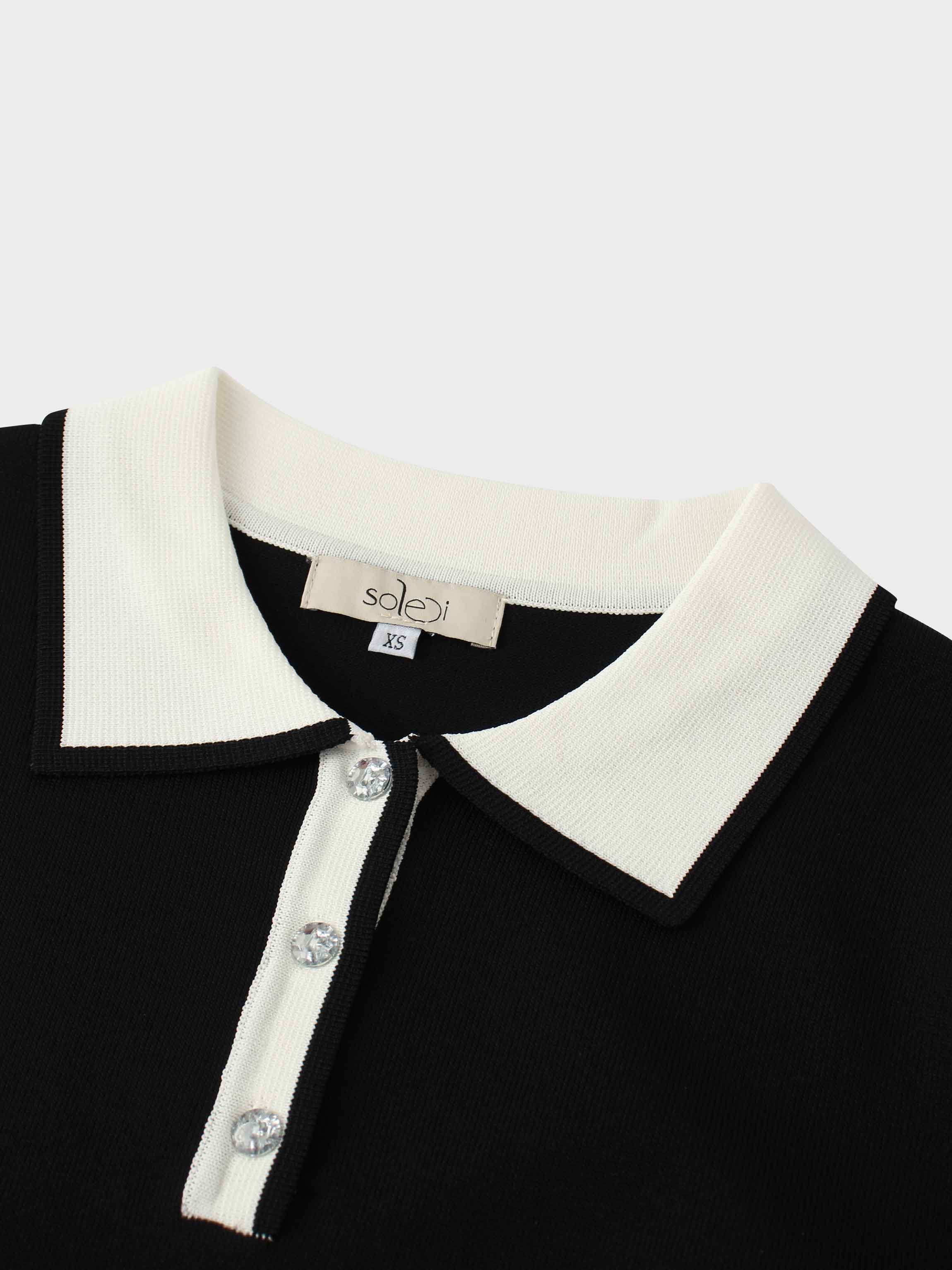 Pearl Button Collar Sweater-Black/Cream