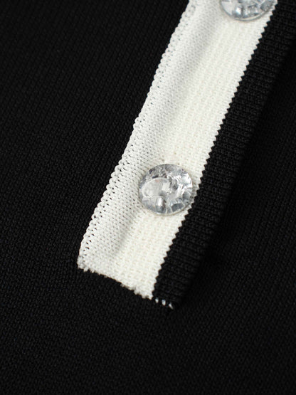 Jewel Button Collar Sweater-Black/Cream