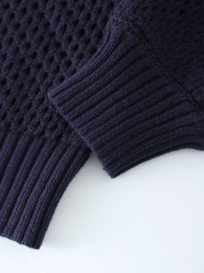 Zip Up Crochet Hoodie-Navy