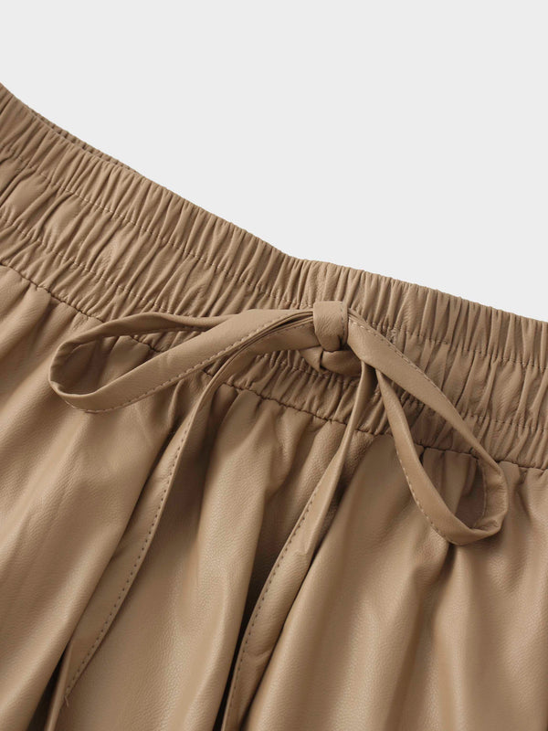 Drawstring Faux Leather Skirt-Camel