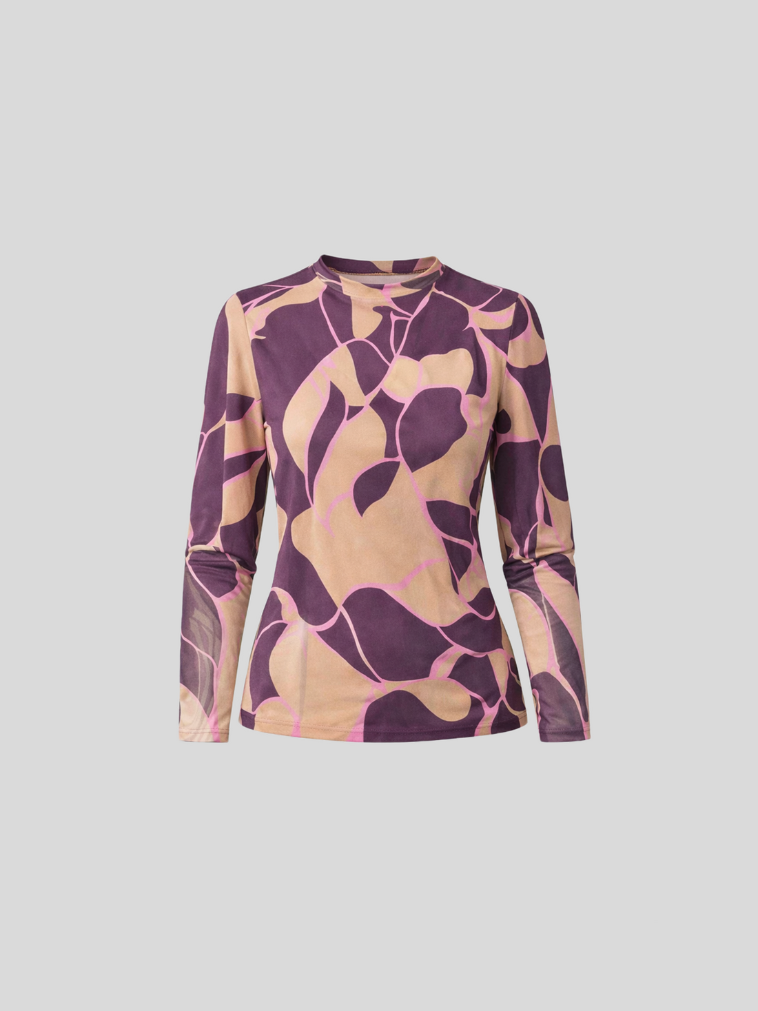 Crew Neck Printed Mesh Top-Peach Floral