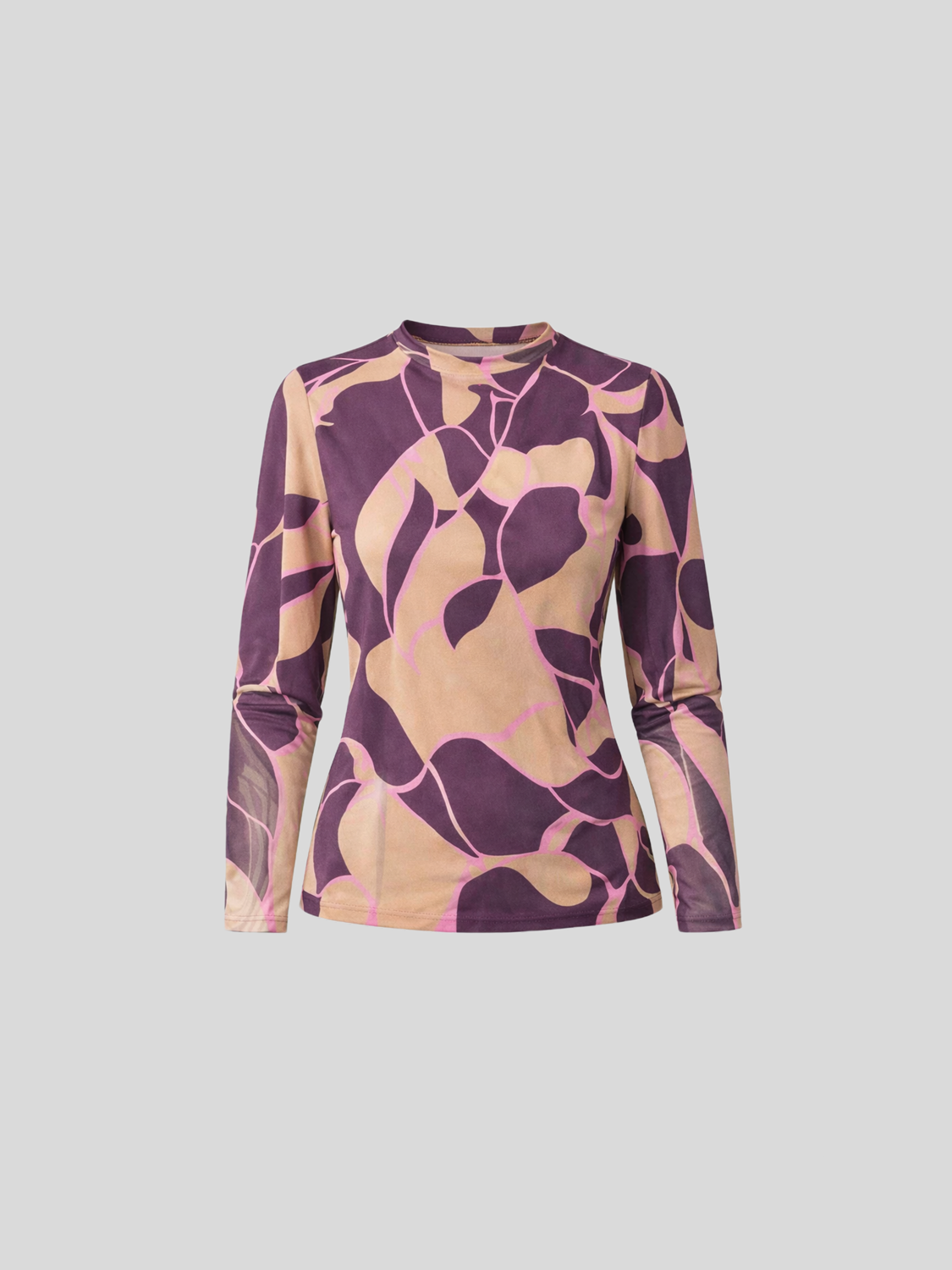 Crew Neck Printed Mesh Top-Peach Floral