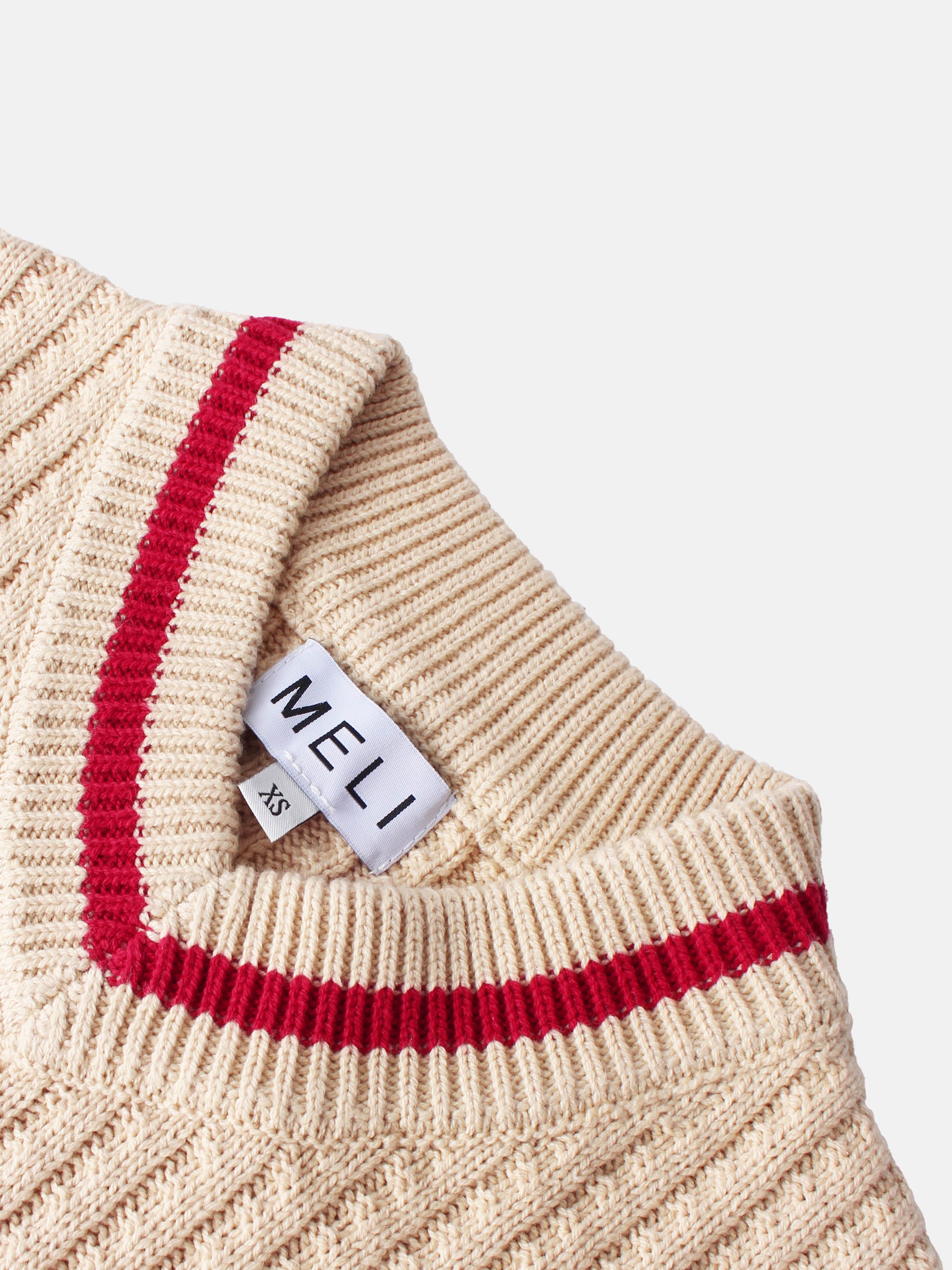 High V Waffle Sweater - Cream/Red