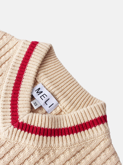 High V Waffle Sweater - Cream/Red