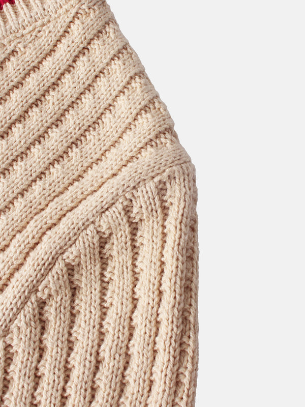 High V Waffle Sweater - Cream/Red