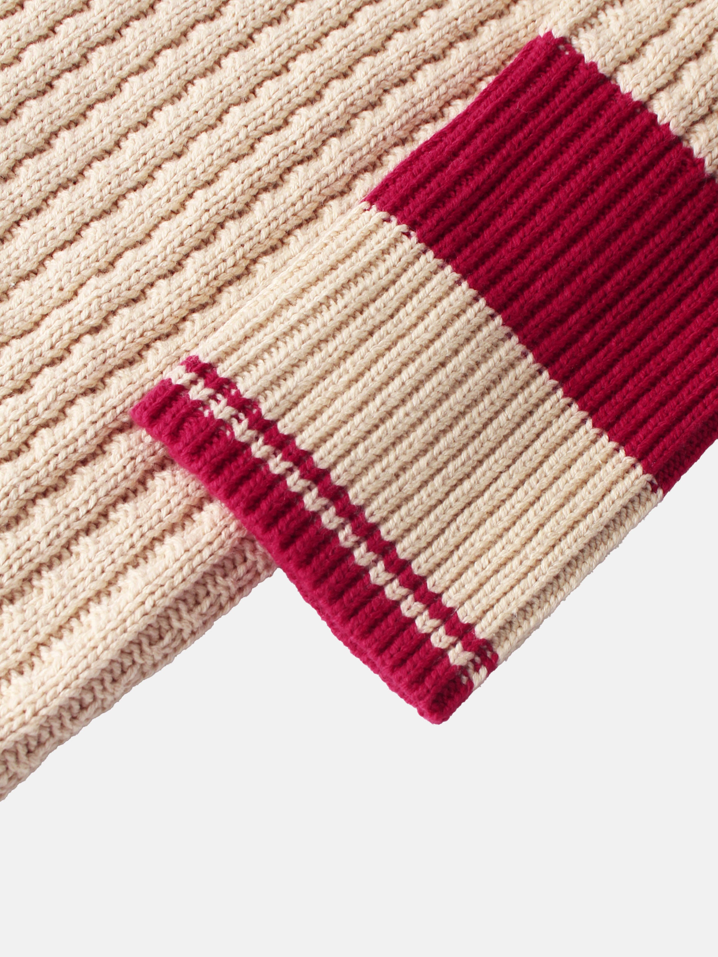 High V Waffle Sweater - Cream/Red