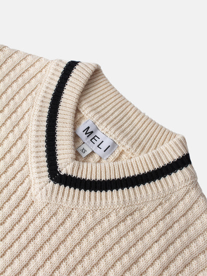 High V Waffle Sweater - Cream/Black