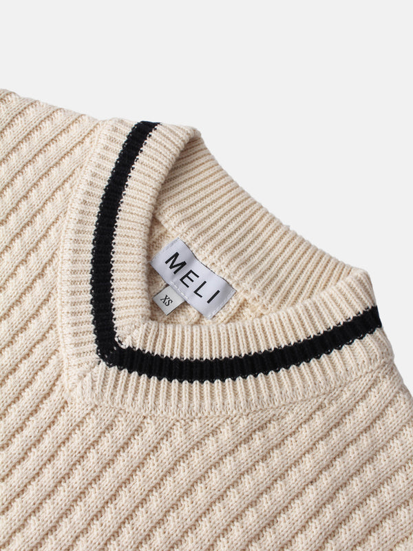 High V Waffle Sweater - Cream/Black