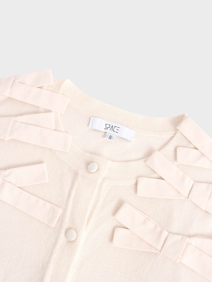 Cropped Bow Cardigan-Cream