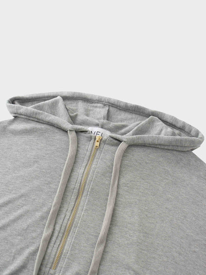 Ribbed Half Zip Hoodie Tee-Heathered Grey