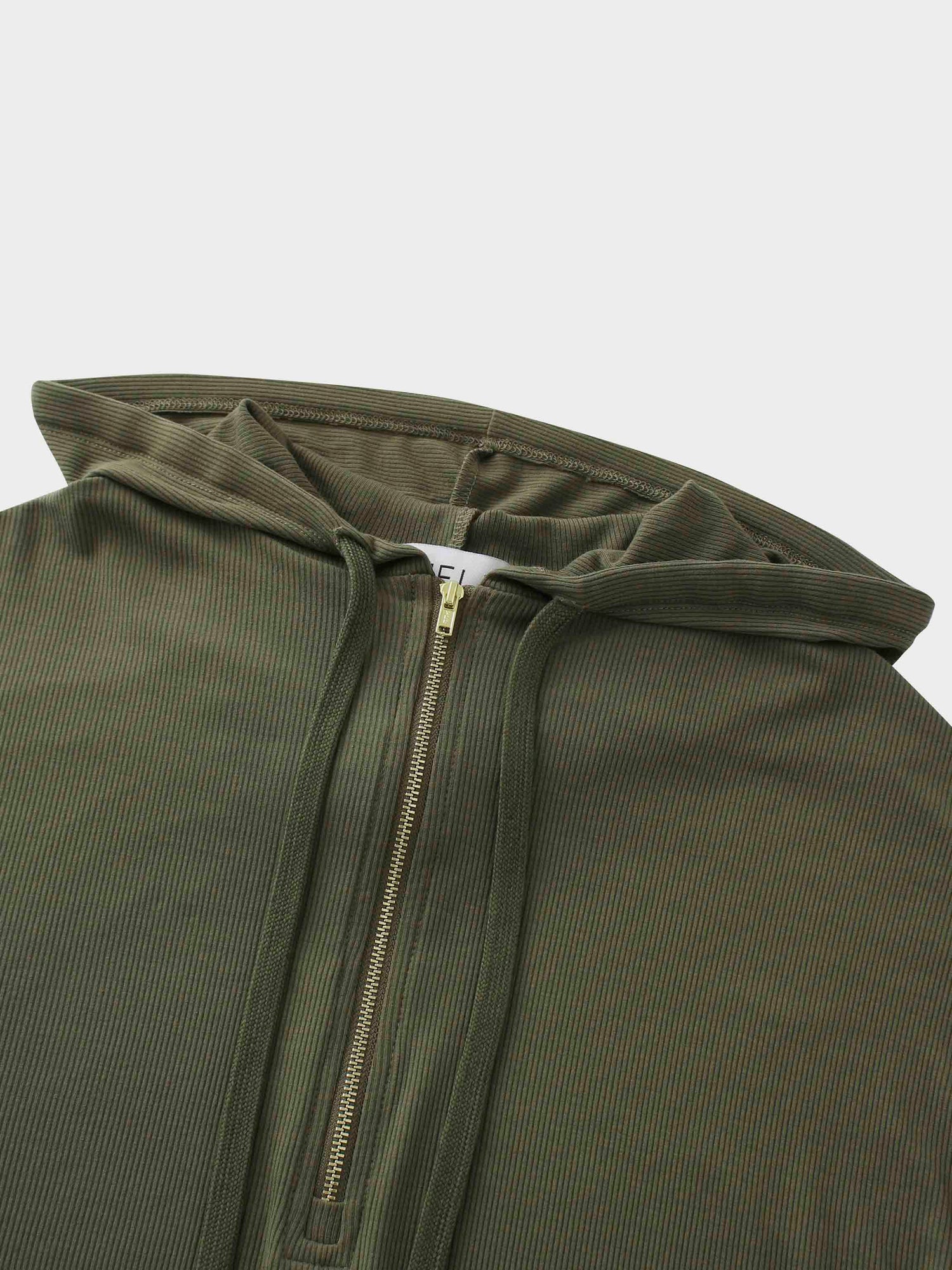 Ribbed Half Zip Hoodie Tee-Olive Green