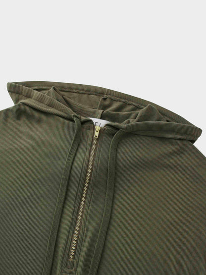 Ribbed Half Zip Hoodie Tee-Olive Green