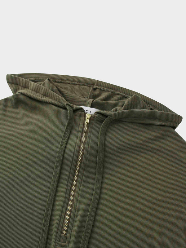 Ribbed Half Zip Hoodie Tee-Olive Green