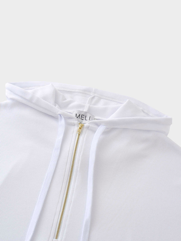 Ribbed Half Zip Hoodie Tee-White