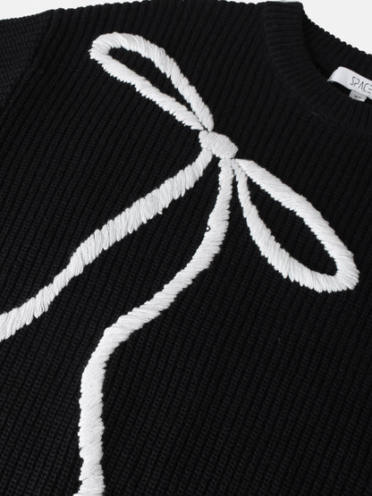 Embroidered Bow Sweater - Black/White