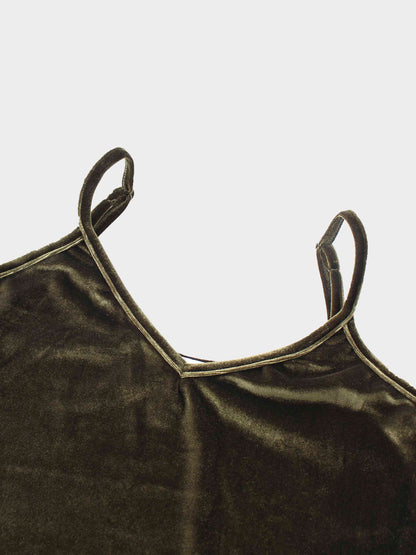 V-Neck Velour Slip Dress-Green