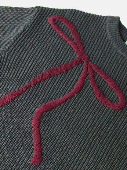 Embroidered Bow Sweater - Grey/Burgundy