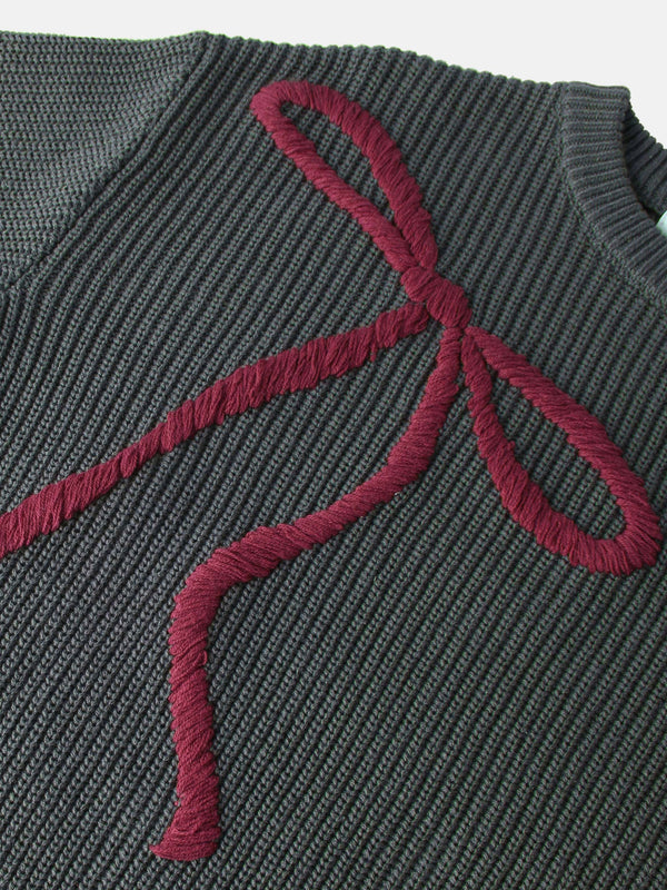 Embroidered Bow Sweater - Grey/Burgundy