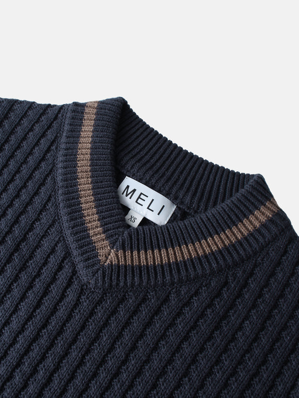 High V Waffle Sweater - Navy/Brown