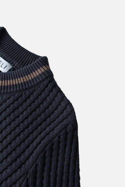 High V Waffle Sweater - Navy/Brown