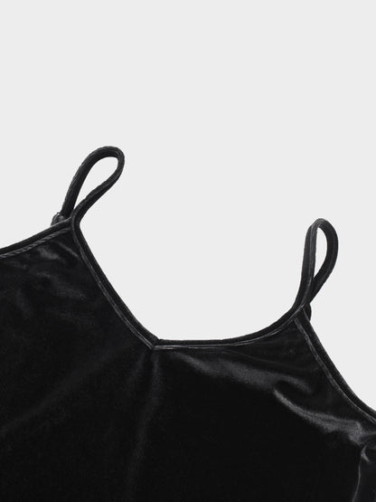 V-Neck Velour Slip Dress-Black