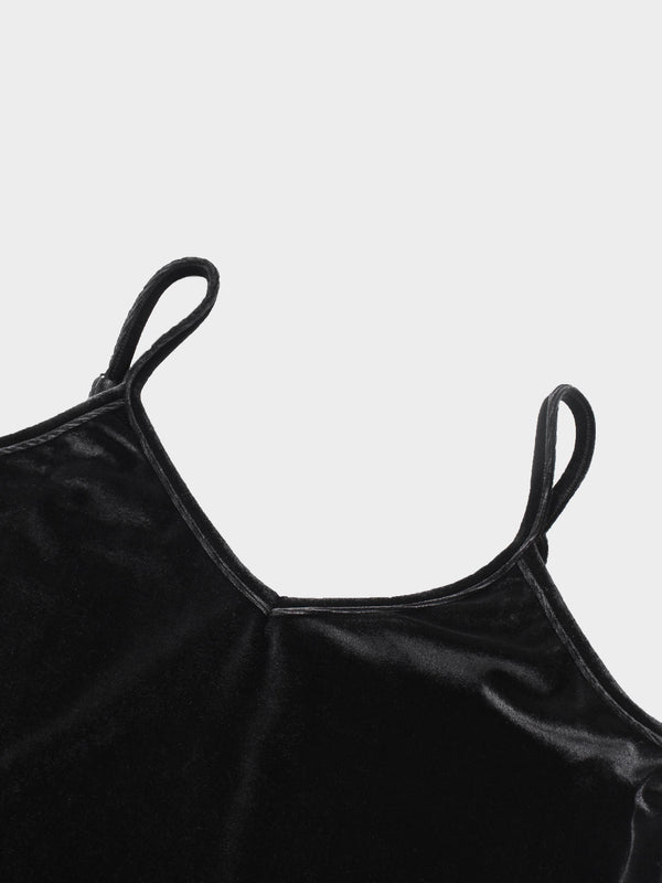 V-Neck Velour Slip Dress-Black