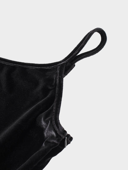 V-Neck Velour Slip Dress-Black