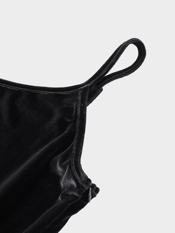V-Neck Velour Slip Dress-Black