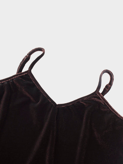 V-Neck Velour Slip Dress-Brown
