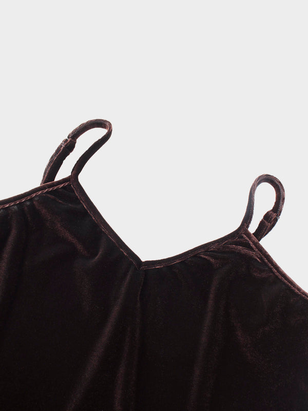 V-Neck Velour Slip Dress-Brown