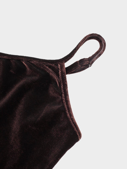 V-Neck Velour Slip Dress-Brown