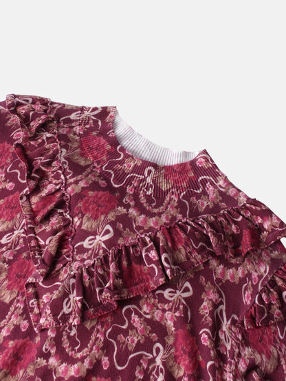 Double Ruffle Sweater - Burgundy Floral