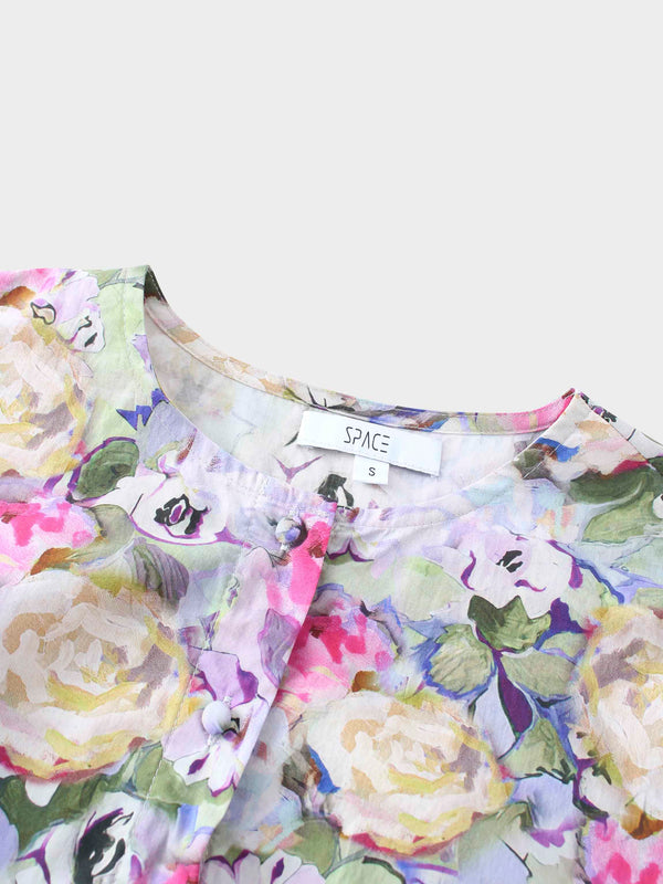 Crew Neck Button Down Blouse-Pink/Purple