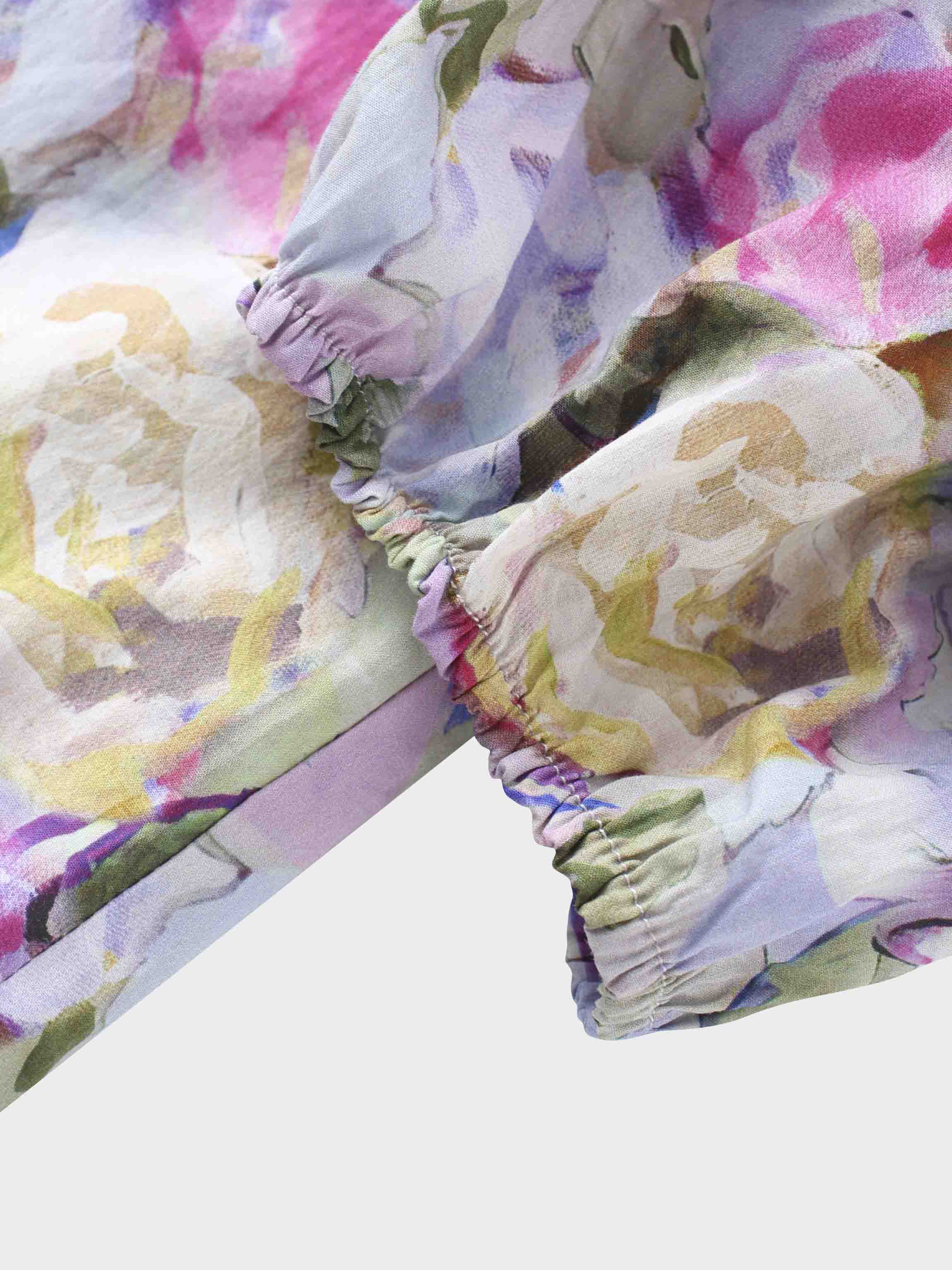 Crew Neck Button Down Blouse-Pink/Purple