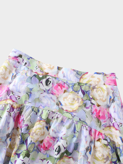 Yoke Floral Skirt-Pink/Purple