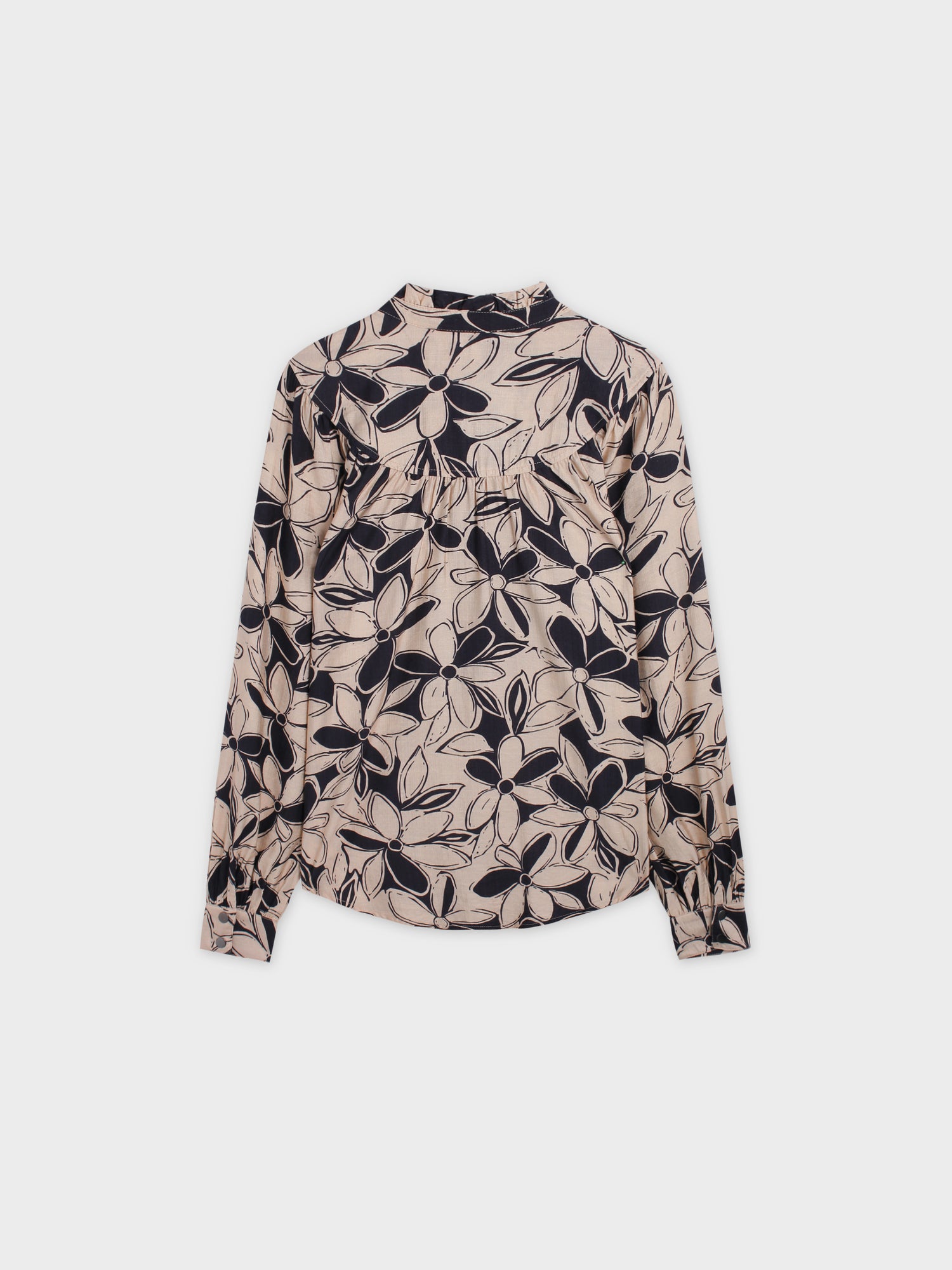 Ruffled Neck Blouse-Tan/Black Floral