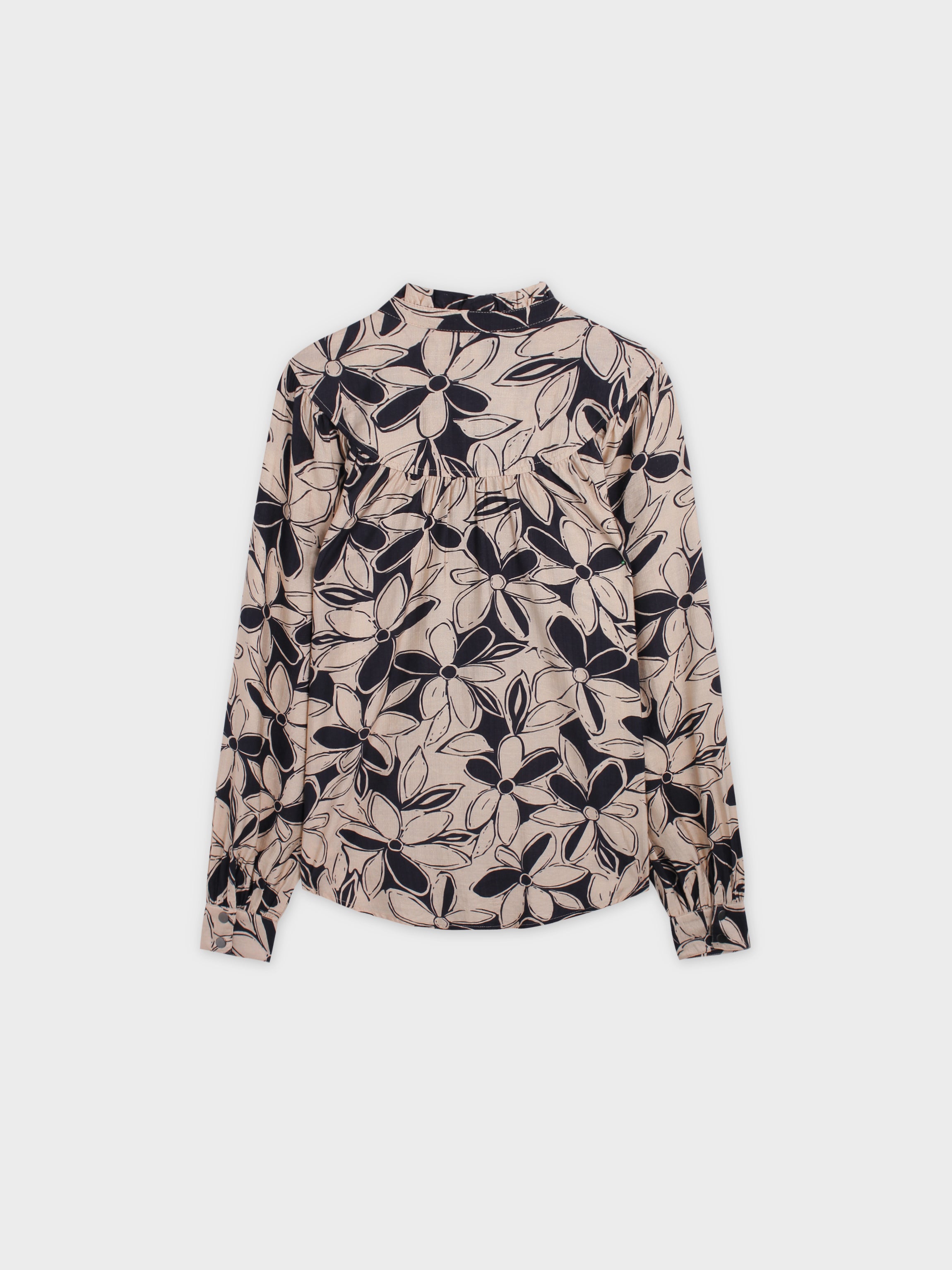 Ruffled Neck Blouse-Tan/Black Floral