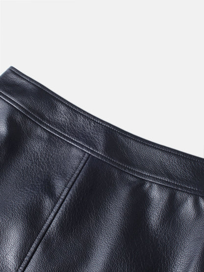 Textured Faux Leather Seam Skirt - Navy
