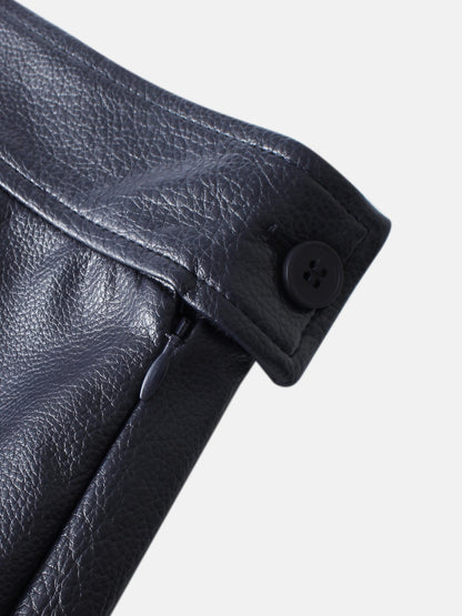 Textured Faux Leather Seam Skirt - Navy