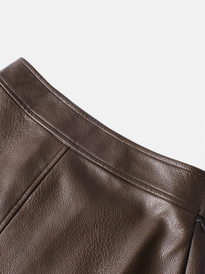 Textured Faux Leather Seam Skirt - Brown