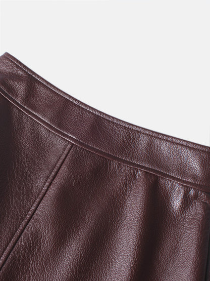 Textured Faux Leather Seam Skirt - Burgundy