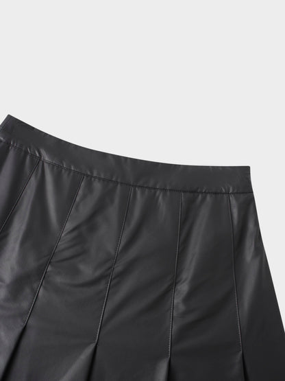 Faux Leather Stitch Down Pleated Skirt-Grey