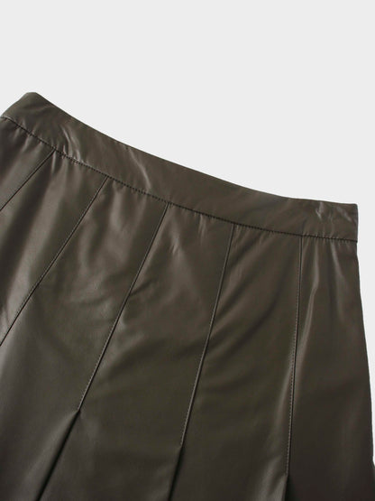 Faux Leather Stitch Down Pleated Skirt-Olive Green