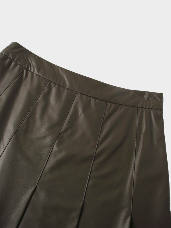 Faux Leather Stitch Down Pleated Skirt-Olive Green