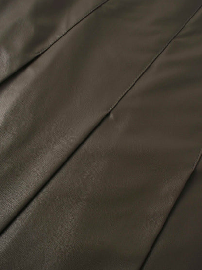 Faux Leather Stitch Down Pleated Skirt-Olive Green