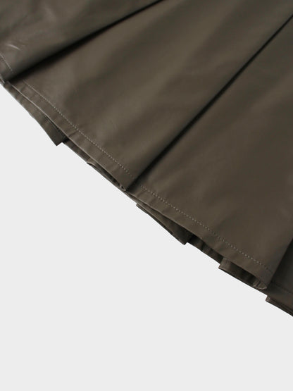 Faux Leather Stitch Down Pleated Skirt-Olive Green