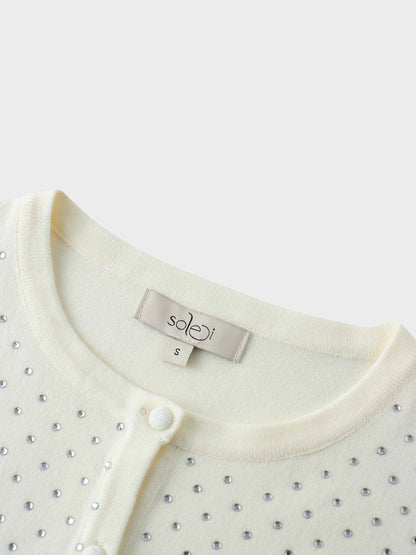 Stone Embellished Crew Cardigan-White