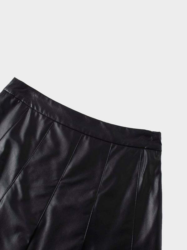 Faux Leather Stitch Down Pleated Skirt-Black
